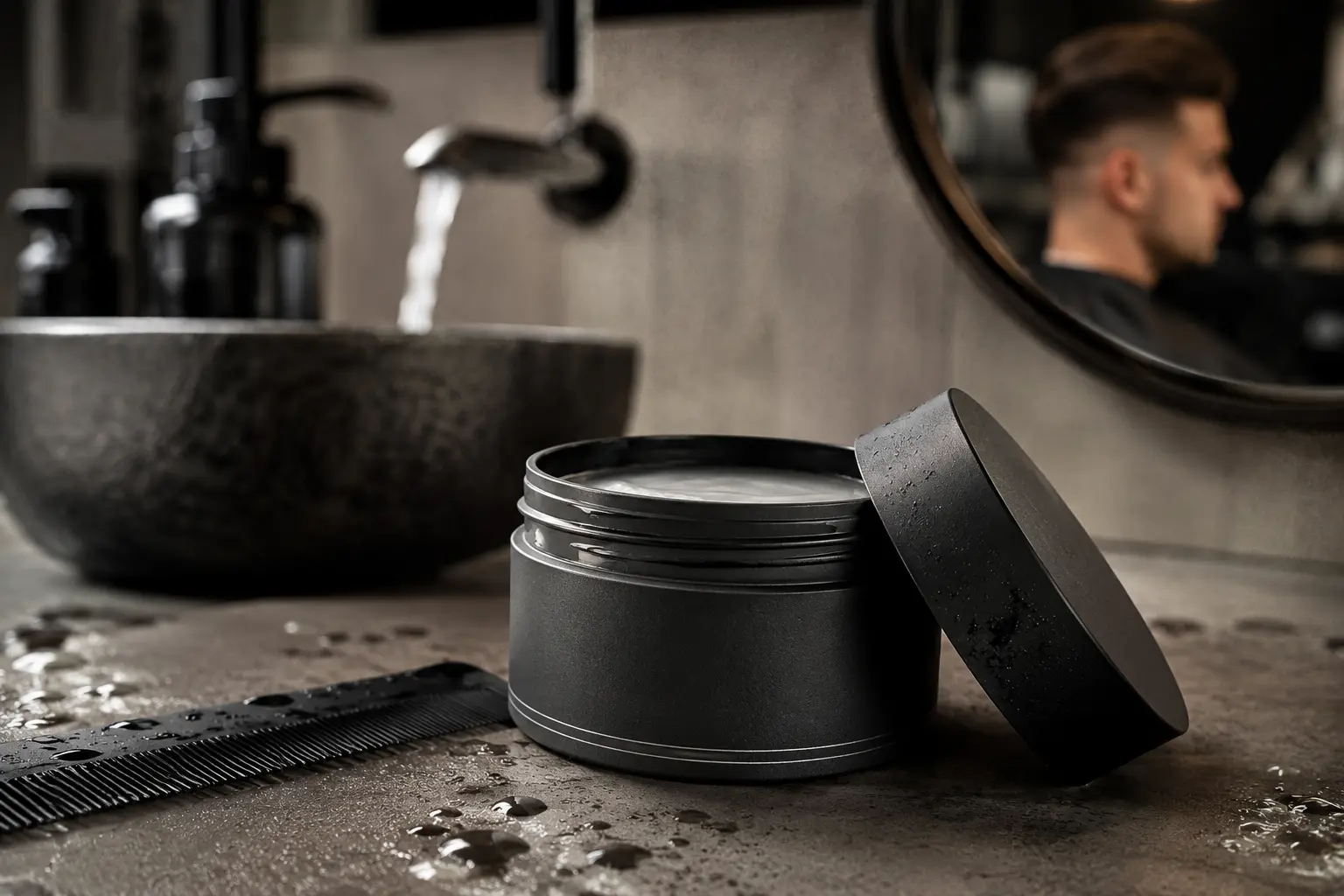 geopend potje pomade-wax op waterbasis op een wastafelblad, met kam